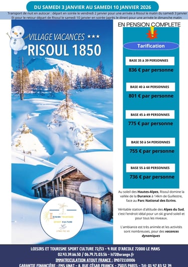 Affiche indiquant un séjour à Risoul du 2 au 11 janvier 2026. Incluant le transport de nuit au départ du Mans