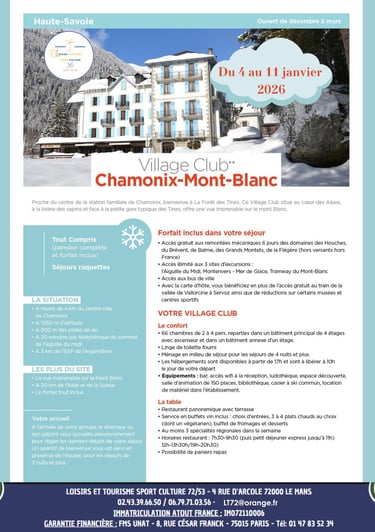 Affiche indiquant un séjour à Chamonix du 4 au 11 janvier 2026 au départ du Mans