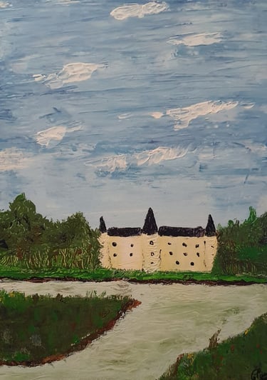 Réf : PAY221030. Le château à l'étang. 33x44cm. 90€.