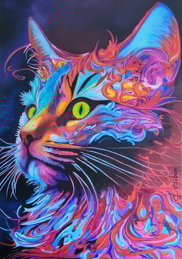 claudine-gibon-tableau-peinture-chat-coloré-yeux-jaunes-