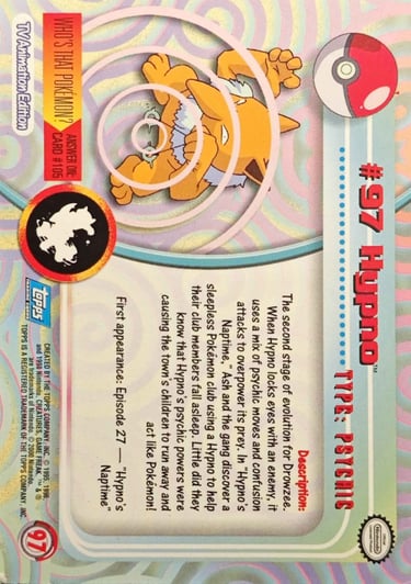 97 Hypno Topps Pokémon series 2 us back