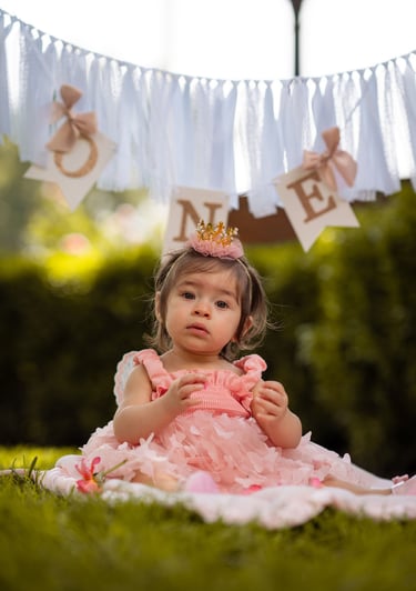 Visalia cake smash and first birthday photographer featuring a baby girl in a pink dress outdoors.