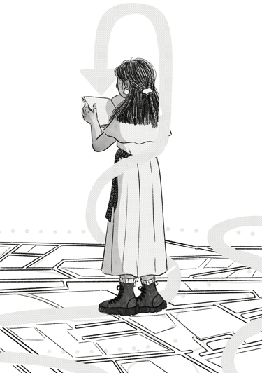 Mujer buscando orientación en un libro
