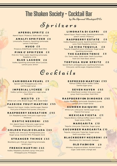 Cash bar cocktail menu with spritzers and signature drinks for events