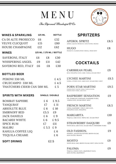 Cash bar menu for events where guests pay for own drinks at the counter