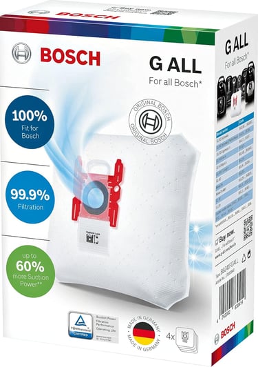 Bosch G ALL vacuum cleaner bags box with high filtration and suction power indicators.