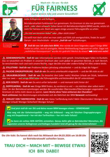 Es ist der fünfte Flyer von Thomas Stöger zu sehen. Darauf wirbt er für die Betriebsratswahlen 2026