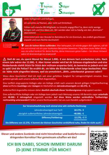 Es ist der sechste Flyer von Thomas Stöger zu sehen. Darauf wirbt er für die Betriebsratswahlen 2026