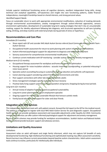 Redacted example of a legitimate ASD diagnostic report for an adult late-diagnosed female in Scotland. Page 8 of 9