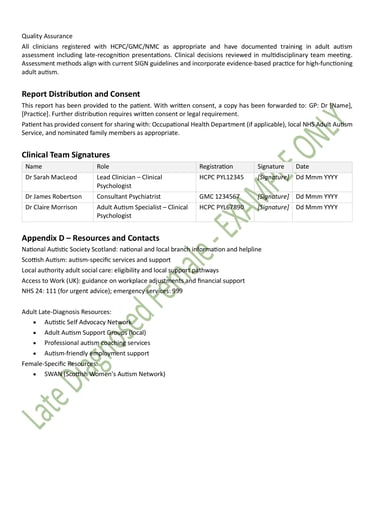Redacted example of a legitimate ASD diagnostic report for an adult late-diagnosed female in Scotland. Page 9 of 9