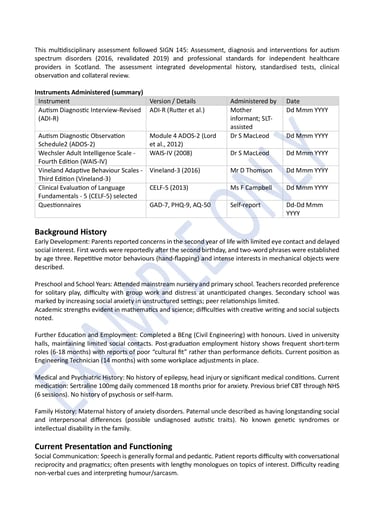 Redacted example of a legitimate ASD diagnostic report for a late-diagnosed adult in Scotland. Page 2 of 6