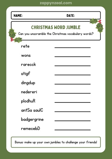 Christmas themed word scramble printable worksheets