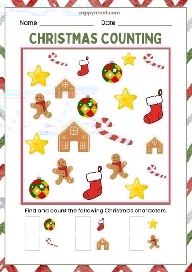 Count various Christmas themed. objects. Zappynzeal.com