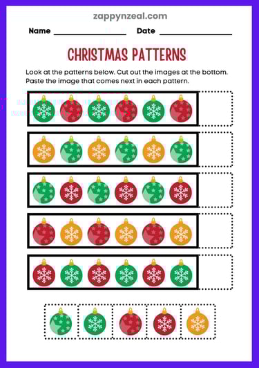 Christmas themed pattern solving worksheets zappynzeal.com