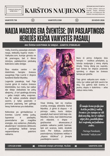 A Lithuanian Karštos Naujienos newspaper page featuring two magical doll characters and event information.
