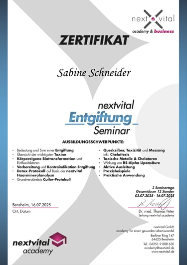 Zertifikat „Entgiftungs-Seminar“ der NextVital Academy – Weiterbildung in ganzheitlicher Entgiftung,