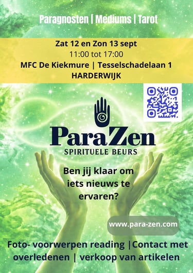 Poster for ParaZen spirituele beurs in Harderwijk featuring tarot, mediums, and paragnosten.
