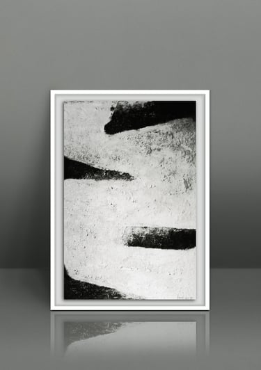 Framed minimalist black and white abstract wall art painting with textured brushstrokes for home decor.