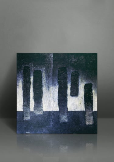 Minimalist abstract oil painting featuring dark vertical columns on a textured blue and white background.