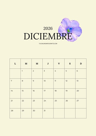 Calendario mensual mes de diciembre floral minimalista con fondo amarillo para imprimir