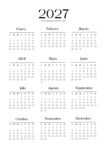 Calendario 2027 minimalista imprimible gratis con vista completa de los 12 meses del año.