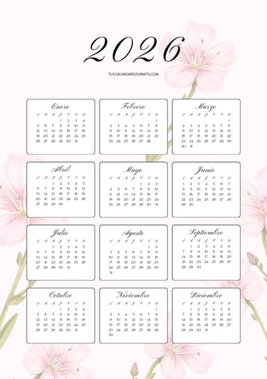 Calendario anual 2026 floral Almendro Rosa para imprimir gratis