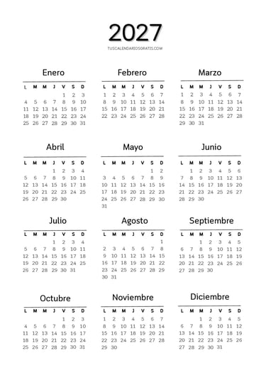 Plantilla de calendario anual 2027 minimalista para organizar tareas, objetivos y eventos importante