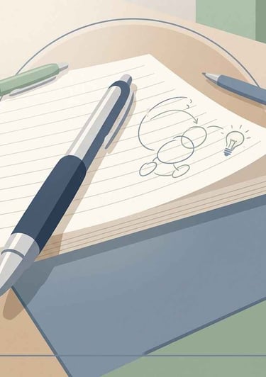 Minimal editorial illustration of a notebook and pens representing the writing and creative process