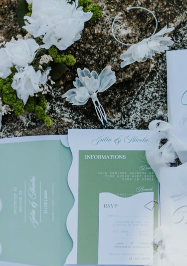 papeterie flatlay vert ondulé nature