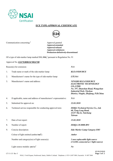 Official ECE Type-Approval Certificate from NSAI for a Kleansource side-marker lamp.