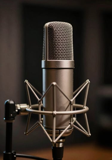 A close-up of a professional condenser microphone in a dark, moody recording studio in a North American city. Soft cinematic lighting highlights the metallic textures against a deep black and charcoal background.