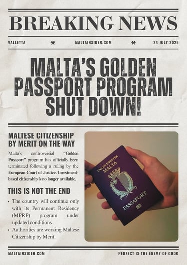 Malta Magazine Cover for Golden Passport. Citizenship by Investment is not exist anymore