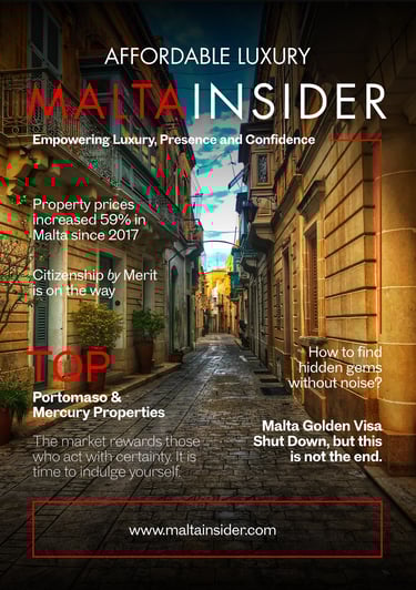 Malta Insider magazine cover featuring a narrow stone street in Valletta and real estate investment headlines.