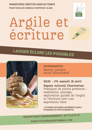 Affiche d'information atelier argile et écriture le 18 avril 2026, Chartrettes, Nancy Anne Blanchard