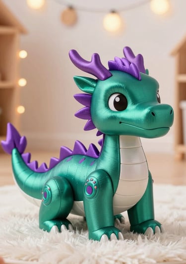 Intricate 3D printed toys in vibrant colors displayed on a shelf with natural light.