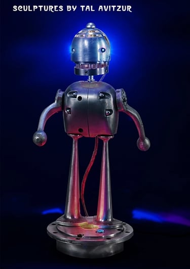 Postcard with image of robot sculpture by artist Tal Avitzur.