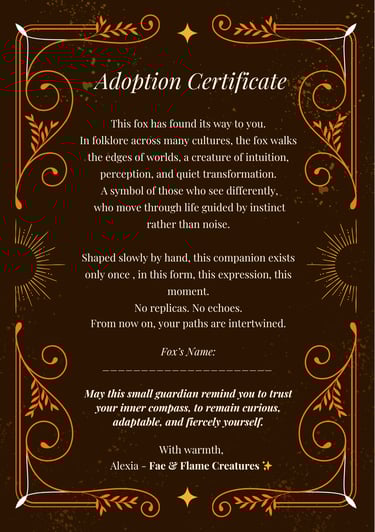  brown and gold graphics of a story card and adoption certificate for magical creature