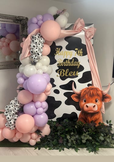 Cow themed birthday balloon display for children’s party in Liverpool