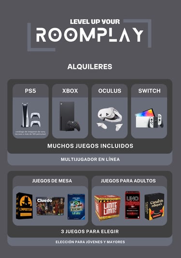 Video game console rentals featuring PS5, Xbox, Oculus, and Switch with various board games.