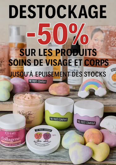 Destockage -50% Soins corps & visage – beauté et bien-être accessibles.
