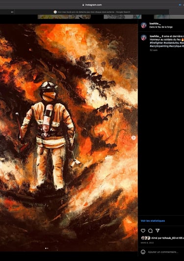 une peinture d'un pompier dans le feu