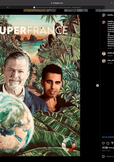 une peinture de la plage avec la planète terre et le portrait de deux hommes au premier plan