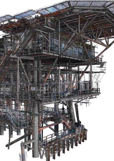Detailed 3D model of an offshore oil rig platform structure on a white background