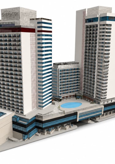 A detailed 3D architectural model of the Sheraton Grand hotel featuring twin towers and a luxury rooftop pool.