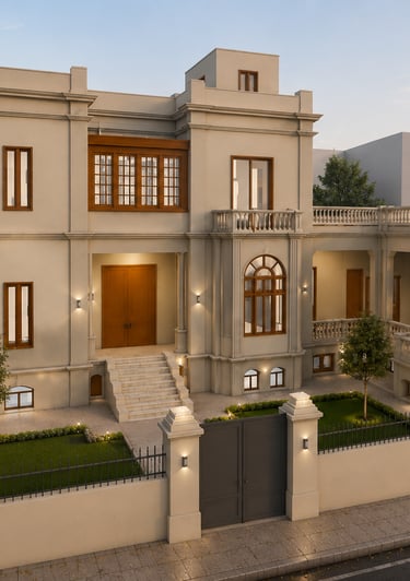 Elegant classic bayt al-ummah with a stone facade, courtyard garden, and luxury exterior lighting.