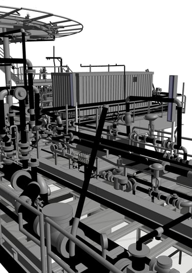 A 3D intelligent model of an industrial piping system for oil and gas infrastructure.