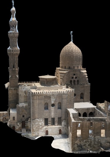 3D model of the historic Sultan Qaitbay funerary complex in Cairo, featuring its ornate minaret and carved stone dome.