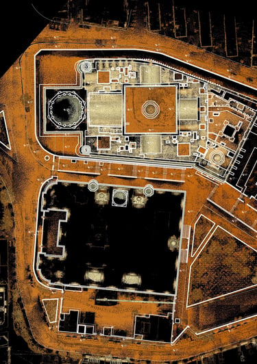 Aerial lidar scan map showing an orange point cloud architectural site plan and building layouts.