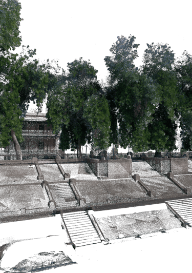 Digital 3D point cloud scan of stone riverbank steps and green trees in a park.