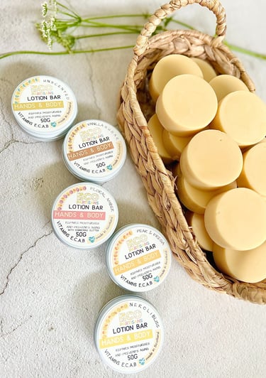 a basket of lotion bars for hands and body